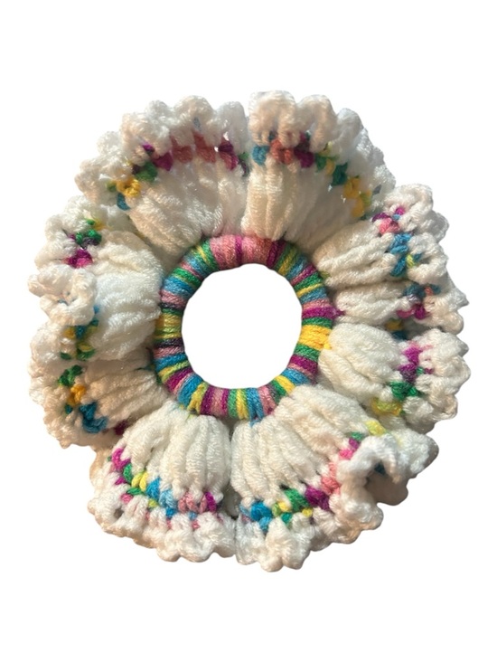 Hand Crafted Accessories - White Multicolor Crochet Scrunchie Hair Accessory